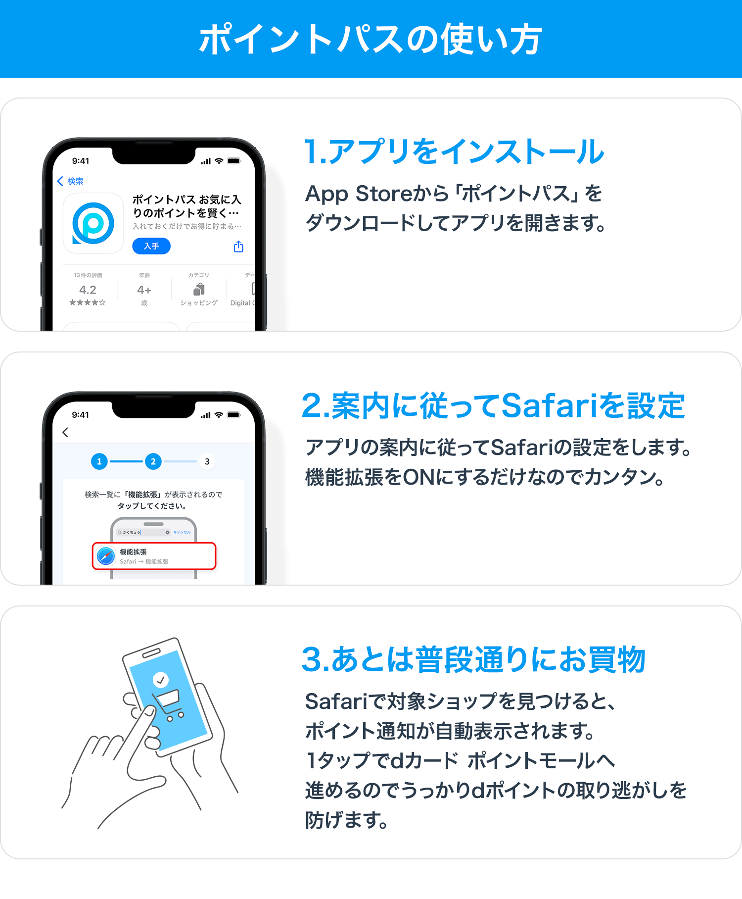 ポイントパスの使い方 1.アプリをインストール App Storeから「ポイントパス」をダウンロードしてアプリを開きます。2.案内に従ってSafariを設定 アプリの案内に従ってSafariの設定をします。機能拡張をONにするだけなのでカンタン。3.あとは普段通りにお買物 Safariで対象ショップを見つけると、ポイント通知が自動表示されます。1タップでdカード ポイントモールへ進めるのでうっかりdポイントの取り逃がしを防げます。